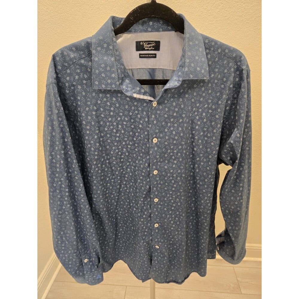 Original Penguin Large Long Sleeve Heritage Slim Fit Micro Floral Blue